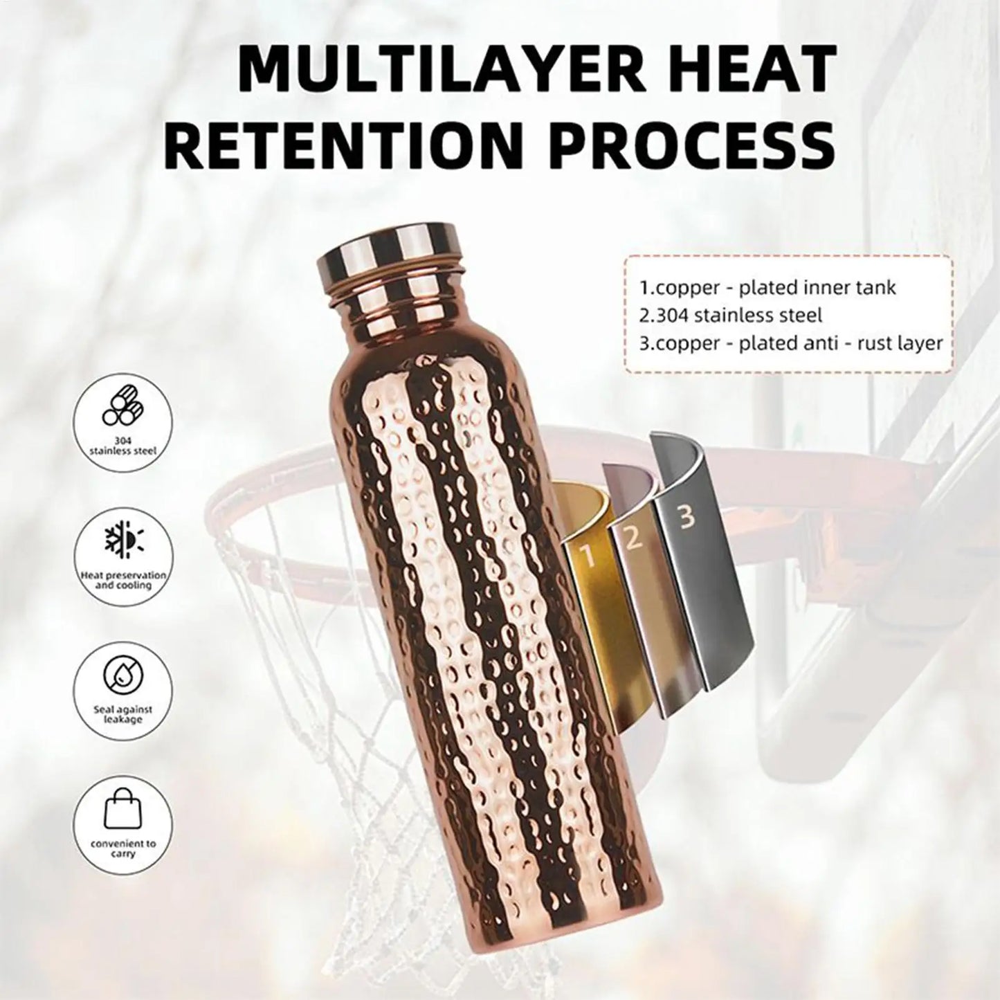 Copper Water Bottle for Drinking Leakproof Insulated Water Bottle Portable Leakproof 27Oz Cup for Hydration Gym Outdoor Hiking