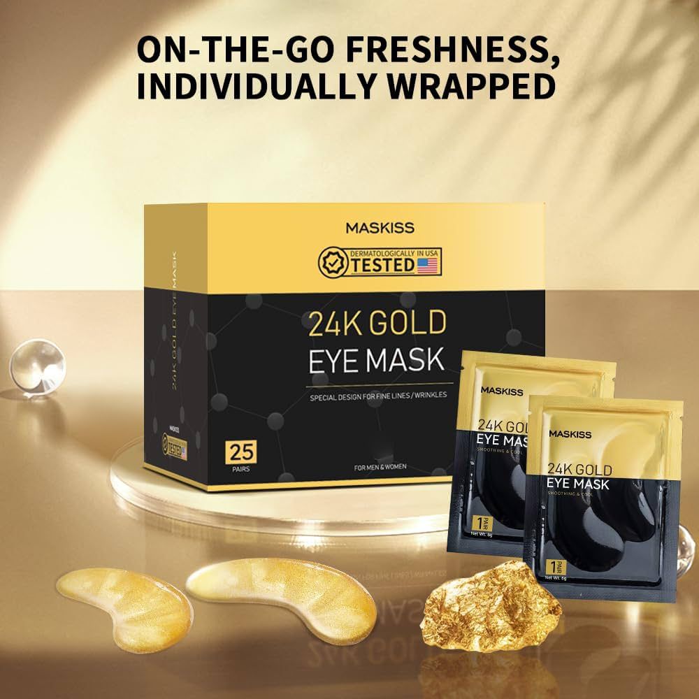 Maskiss 24k Gold Under Eye Patches (25 Pairs), eye mask, Collagen Skin Care Products, Eye Patches for Puffy Eyes,